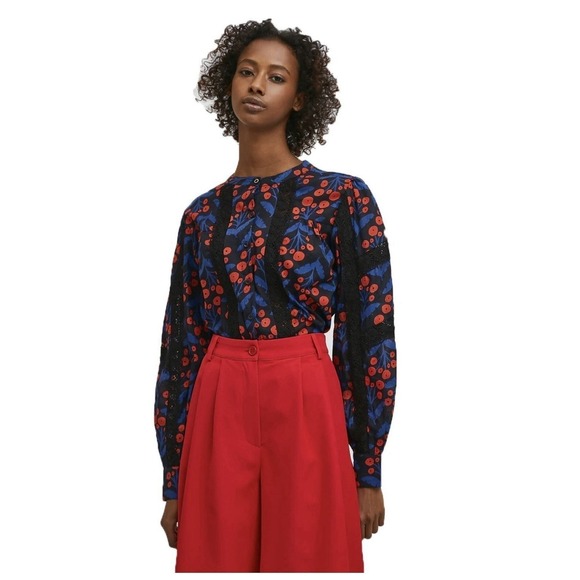 Compania Fantastica Tops - Compania Fantastica Women's Poppy Print Long-Sleeved Shirt With Lace Sz XS